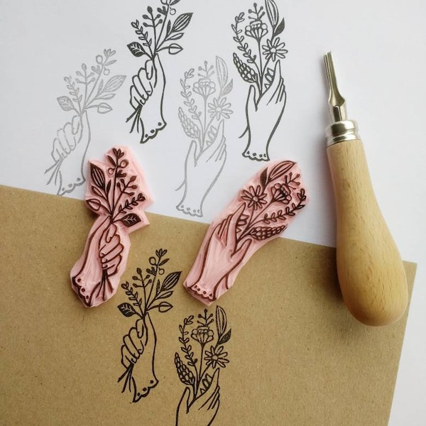 Hand holding flowers stamp, floral rubber stamp, dainty hand stamp, wild flowers, bunch of flowers stamp, flowers stamp