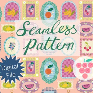 Könnte beinhalten: Nahtloses Musterdesign mit Früchten wie Orangen, Bananen und Kirschen, gerahmt in verzierten Bordüren. Das Design enthält den Text "Seamless pattern" und ein "Digital File"-Abzeichen.