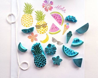 Pineapple and tropical rubber stamps, watermelon stamps