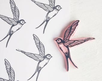 Bird Rubber stamp, Swallow Stamp, Flying Bird Stamp, Bird Lover Gift, Textile Printing stamp,  Handcarved Stamp
