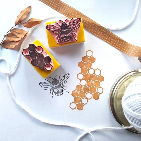 Bee rubber stamp , honeycomb stamp,