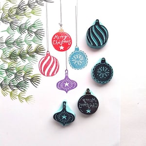 Mini Christmas bauble rubber stamps for card making. image 1