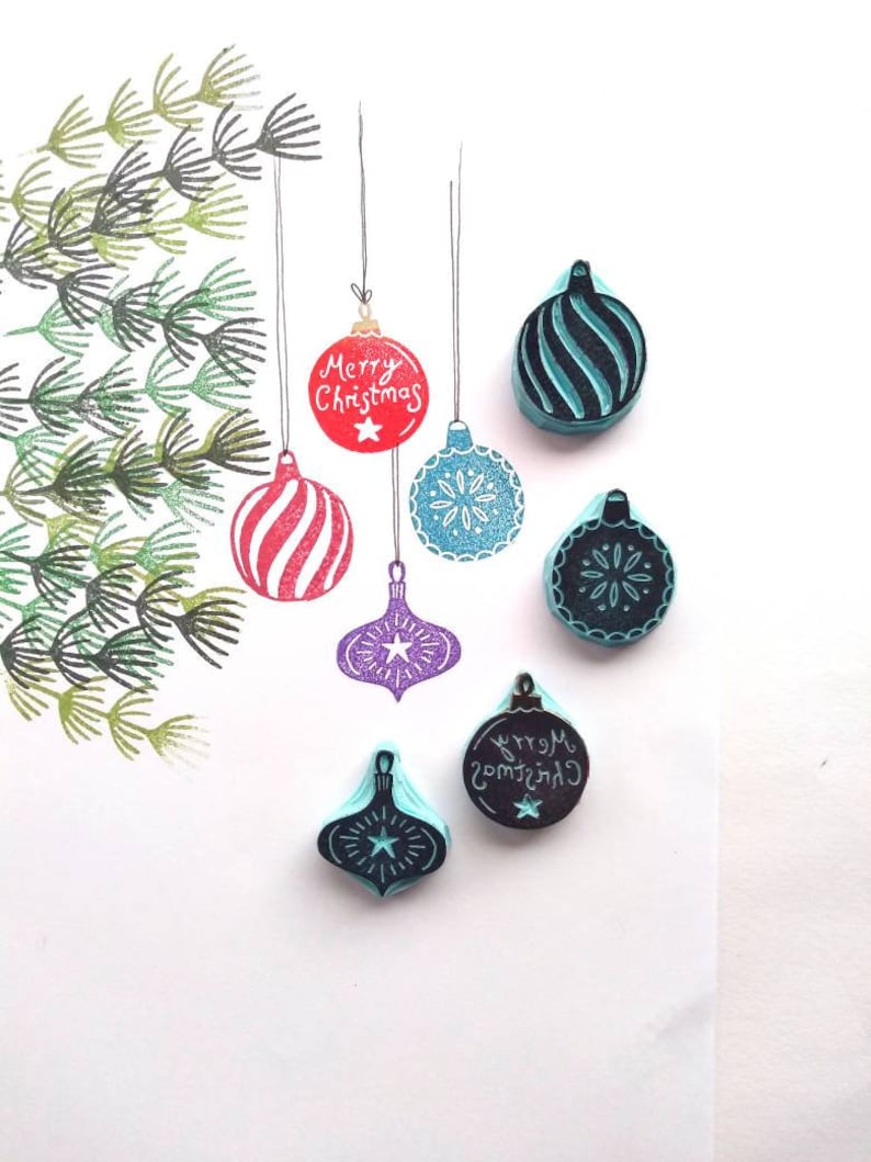 Mini Christmas bauble rubber stamps for card making. image 1
