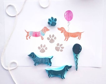 Dauchshund dog rubber stamps, paw print stamp.