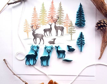 Deer rubber stamps, stag rubber stamp, Reindeer family, forest trees, and woodland.