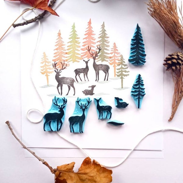 Deer rubber stamps, stag rubber stamp, Reindeer family, forest trees, and woodland.
