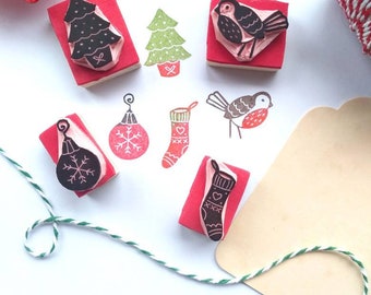 Christmas stamp set, mini robin, Xmas tree, bauble and stocking Xmas stamps