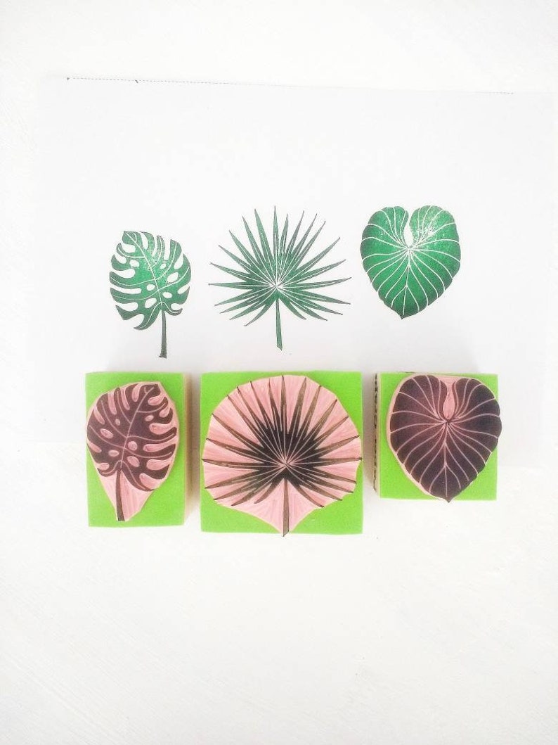 Tropical leaf rubber stamps, monstera leaf, palmetto leaf, fan palm leaf, summer stamps, image 1