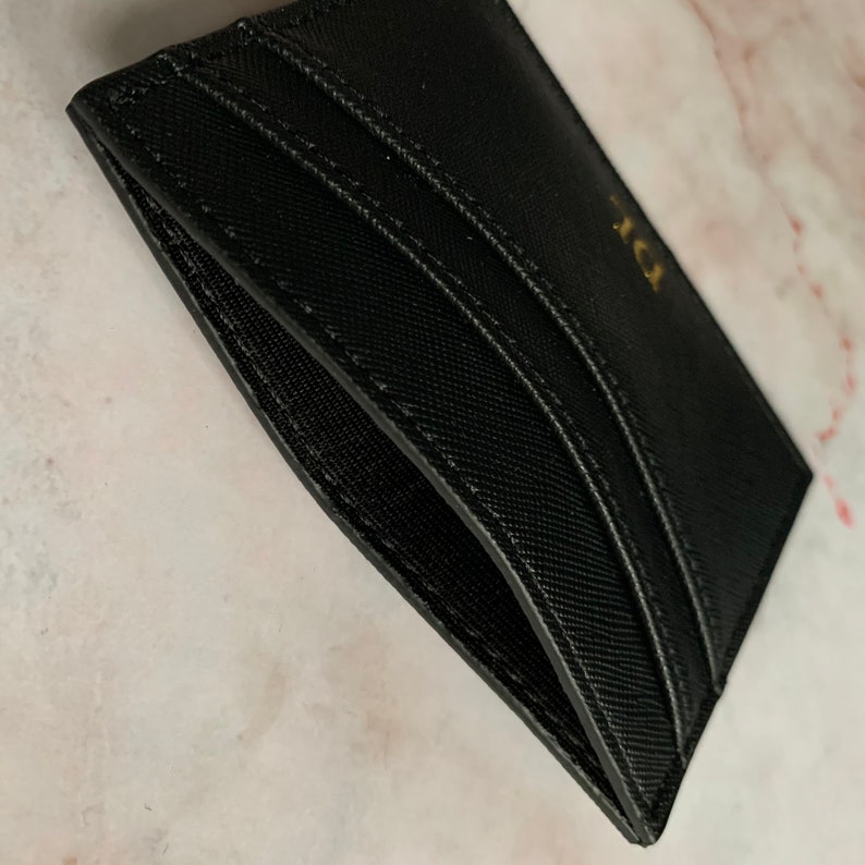 black vegan leather personalised card holder embossed showing card slots