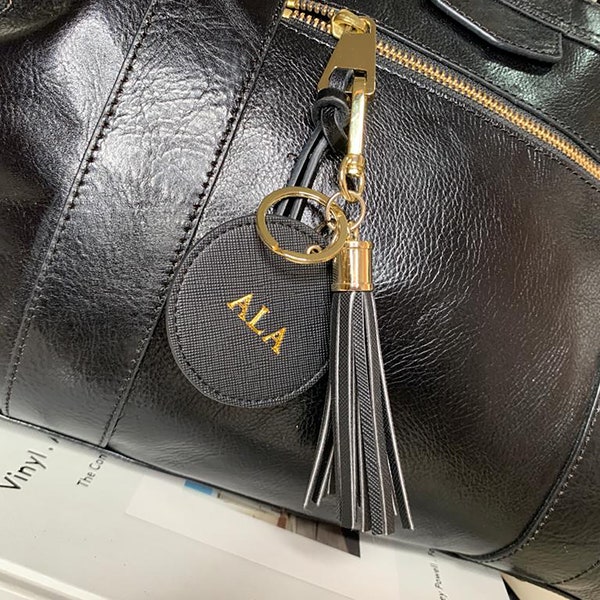 Personalised Tassel Keyring Bag Charm Black Saffiano Vegan Leather Gold Foil Embossed