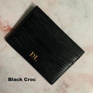 black crocodile vegan leather personalised card holder with gold initials