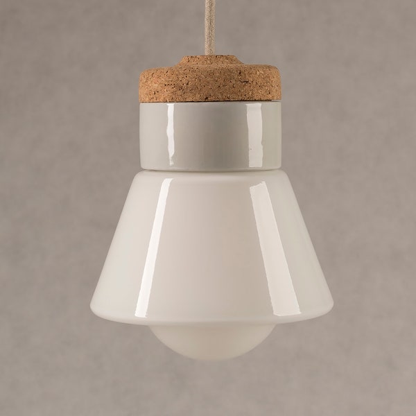 Milk Glass Pendant Lamp with Cork and Porcelain