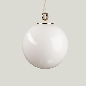 White Globe Chandelier with Brass Ring, Ball Hanging Lamp, Pendant Light