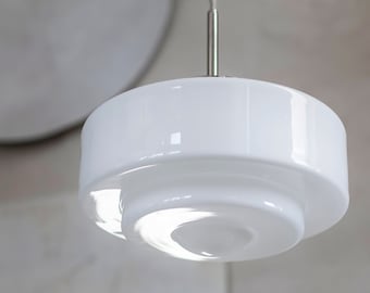 Ensemble de 2 suspensions avec verre de lait de style art déco, suspension en verre blanc en argent, grand luminaire, éclairage suspendu