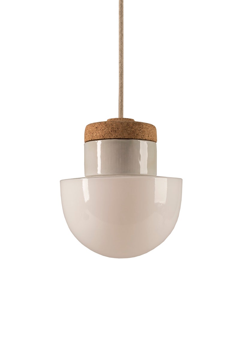 Pendant lamp with white glass shade, cork and porcelain image 6