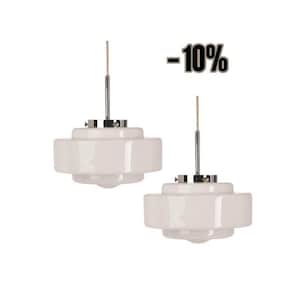 Set of 2 pendant lamps with milk glass in art deco style, white glass hanging lamp in silver, large lighting fixture, pendant lighting