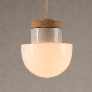 Pendant lamp with white glass shade, cork and porcelain image 3