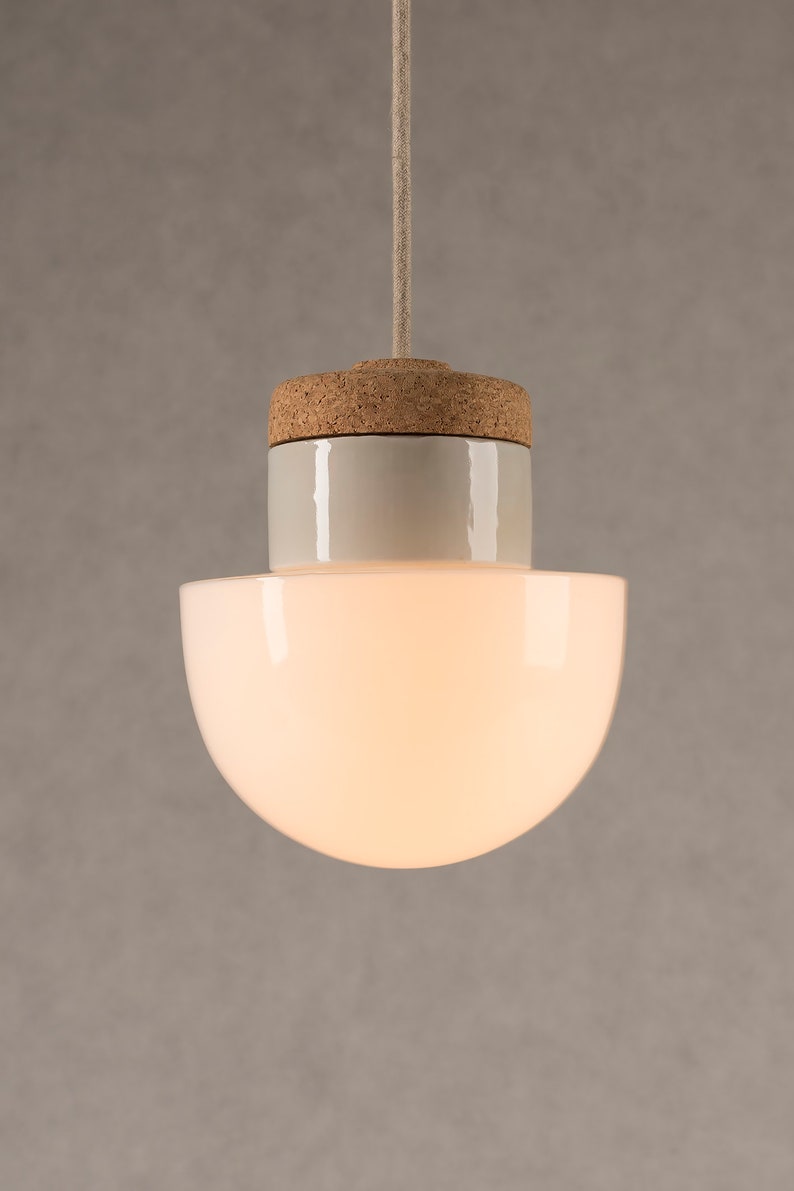 Pendant lamp with white glass shade, cork and porcelain image 3