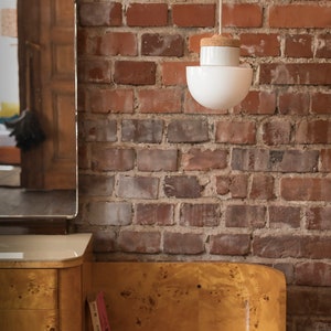 Pendant lamp with white glass shade, cork and porcelain image 2