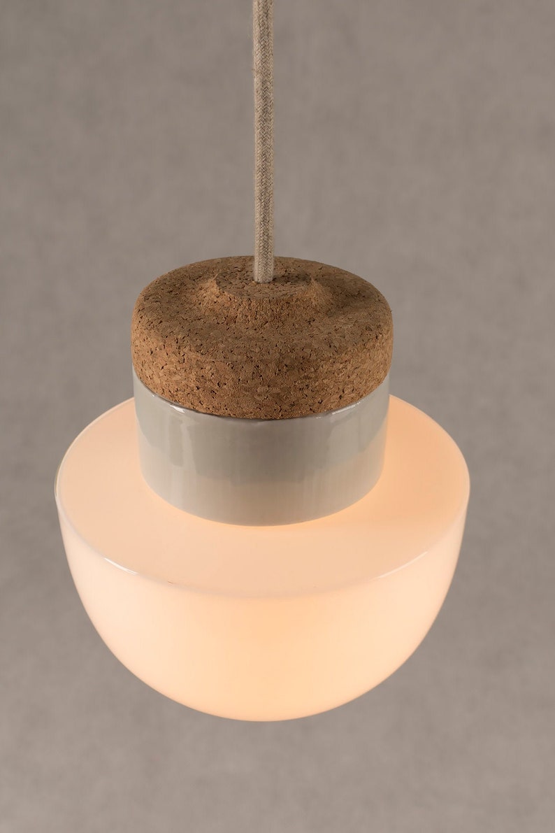 Pendant lamp with white glass shade, cork and porcelain image 4