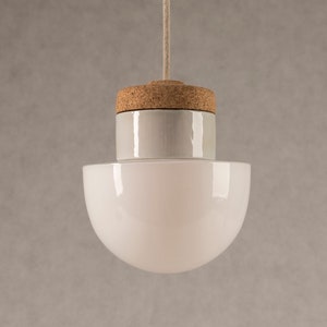 Pendant lamp with white glass shade, cork and porcelain image 1