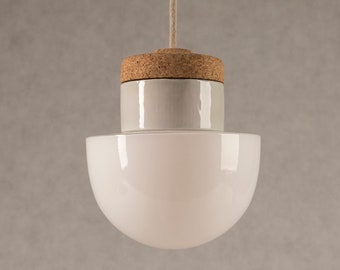 Pendant lamp with white glass shade, cork and porcelain