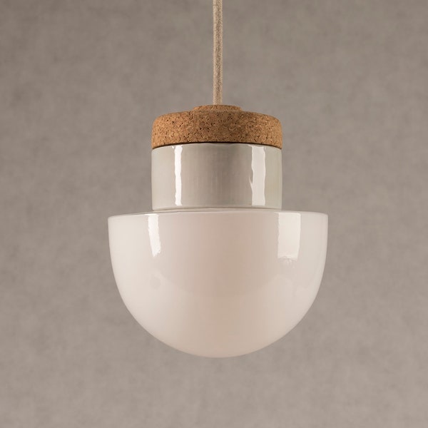 Pendant lamp with white glass shade, cork and porcelain