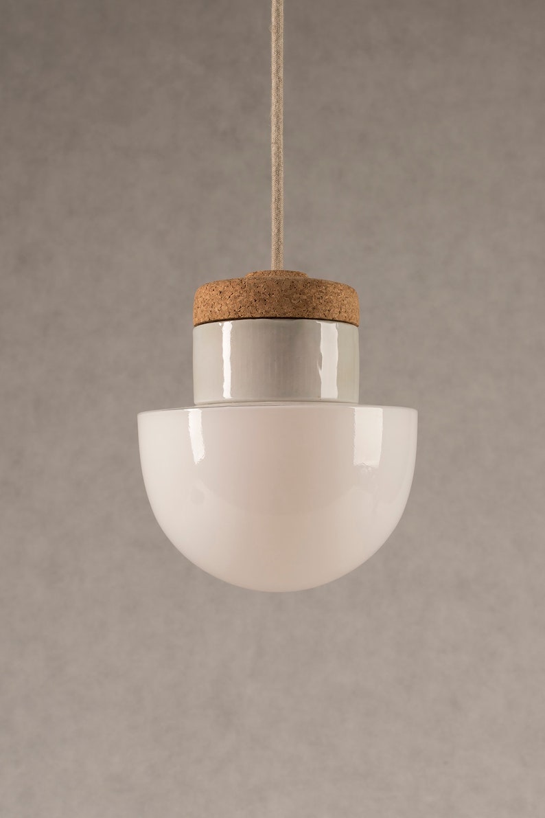 Pendant lamp with white glass shade, cork and porcelain image 1