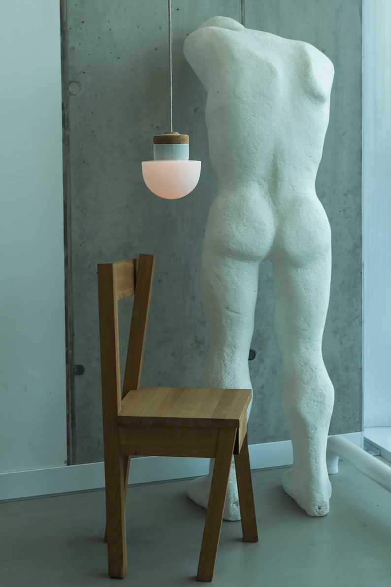 Pendant lamp with white glass shade, cork and porcelain image 9