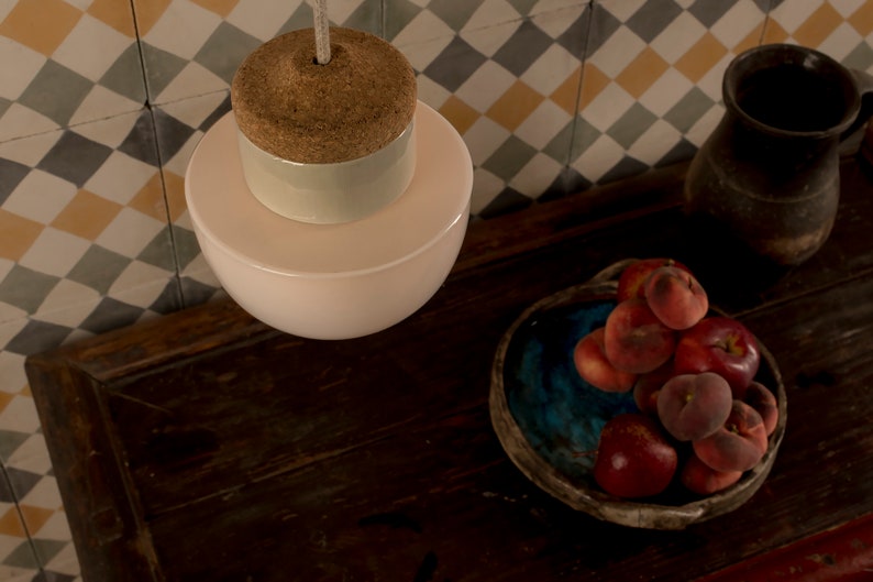 Pendant lamp with white glass shade, cork and porcelain image 5