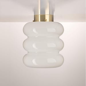 Opal Glass Flush Mount Ceiling Light with Brass or Nickel Base, Art Deco Ceiling Light, Handmade Mid-Century Modern Lighting