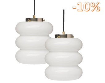 Set of 2 Art deco pendant lights with white glass and brass or nickel (silver) top, milk glass hanging lamps, pendant lamps