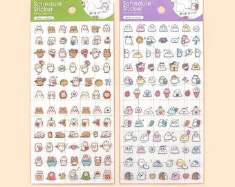 May include: Two sheets of clear schedule stickers with a grid pattern. One sheet features a variety of cute animal illustrations, including bunnies and bears. The other sheet features ghost illustrations. Both sheets have the text "Schedule Sticker" and "スケジュールシール" printed on them.