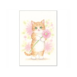 Cartão postal "Animais e buquê de flores" -gato-