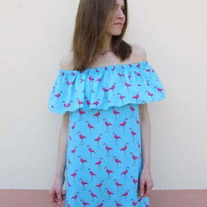 Flamingo dress boho off shoulder dress blue dress sleeveless dress cotton summer wear simple flared dress mint dress beach wear image 1