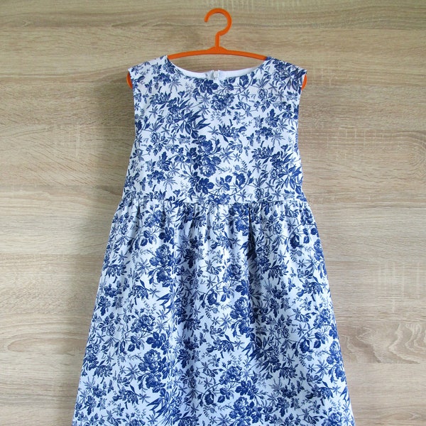 Summer dress - floral blue dress - sleeveless dress - poplin summer dress for a girl - bateau neckline - simple flared dress - 5 years