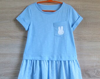 Summer dress - cotton blue dress - tshirt dress - poplin summer dress for a girl toddler blue tee - bunny top - simple flared dress  6 years