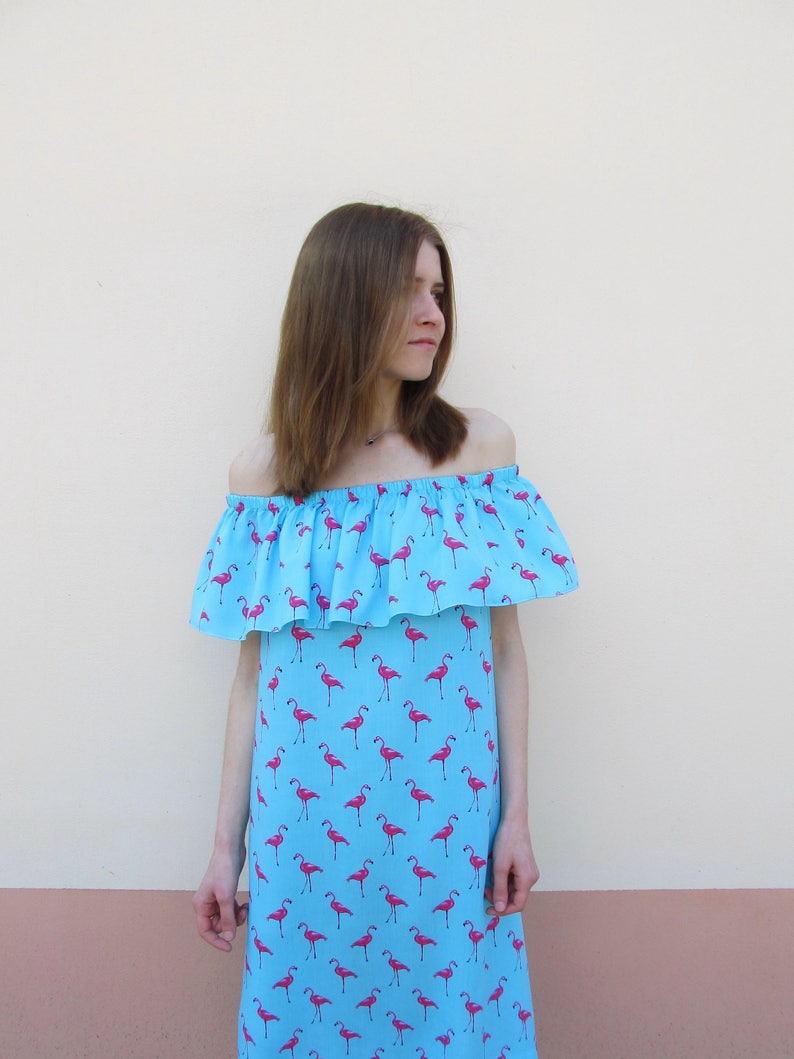 Flamingo dress boho off shoulder dress blue dress sleeveless dress cotton summer wear simple flared dress mint dress beach wear image 1