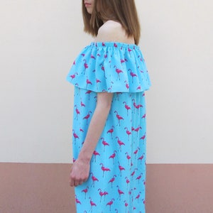 Flamingo dress boho off shoulder dress blue dress sleeveless dress cotton summer wear simple flared dress mint dress beach wear image 4