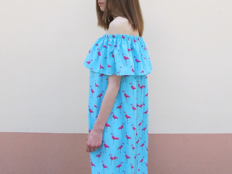 Flamingo dress boho off shoulder dress blue dress sleeveless dress cotton summer wear simple flared dress mint dress beach wear image 4