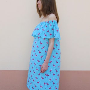 Flamingo dress boho off shoulder dress blue dress sleeveless dress cotton summer wear simple flared dress mint dress beach wear image 3