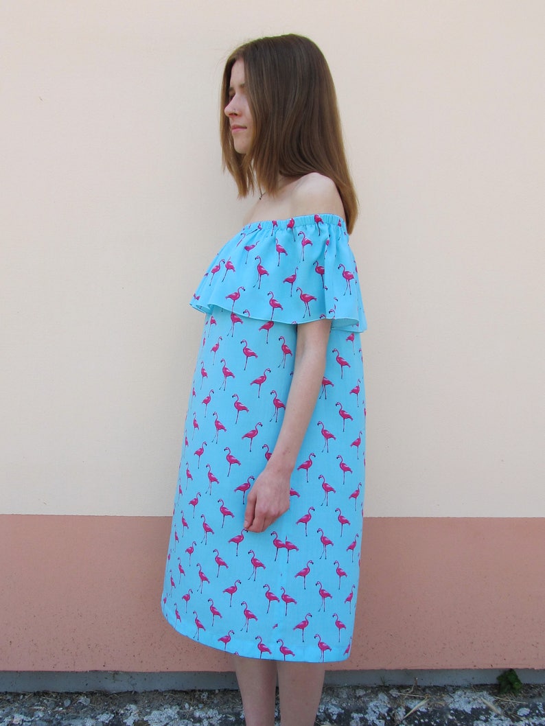Flamingo dress boho off shoulder dress blue dress sleeveless dress cotton summer wear simple flared dress mint dress beach wear image 3