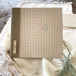 BABY MEMORY ALBUM | Handmade baby photo album guest book | decorated with a teddy bear and natural wooden plaque | gingham print