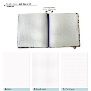 May include: An open notebook with a floral print cover. The notebook has three different types of paper: blank, grid, and dotted. The text on the cover reads "CUADERNO - BIG FLOWER interior apertura perfecta facilita la escritura".