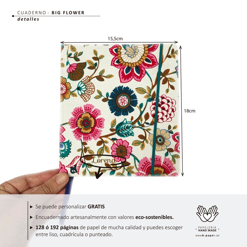 May include: A white notebook with a floral design in shades of pink, red, green, and blue. The notebook is 15.5 inches by 18 inches and has the word "Lorena" written on the front. The notebook is made with eco-friendly materials and has 128 or 192 pages.