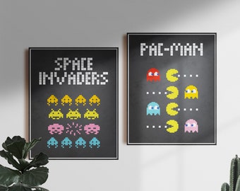 2 Retro Video Game posters | Pac-man - Space invaders | pacman decor | space invaders decor | Set Retro gift | Gaming decor | by mankey