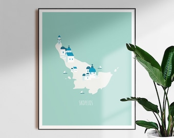 Greek map of Skopelos Greece poster | Aegean island | greek Islands map art | Greece map print |  Illustrated map | by mankey