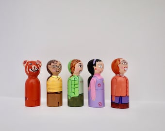 Turning dolls, Red panda, Meilin, Abby, Priya, Miriam, doll house, peg dolls, cake topper, wooden toys, imaginary toys,