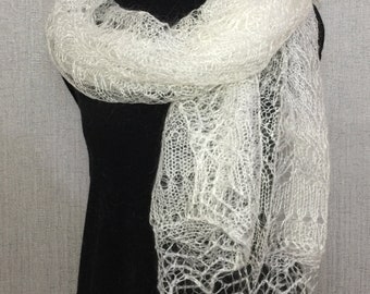 White Orenburg shawl scarf - Slavic lace goat down capelet, 170 x 75 cm / 66.9 x 29.5 inch