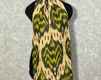 Uzbek ikat scarf with fringe in silk & cotton, 15.4 x 71 inch / 39 x 180 cm